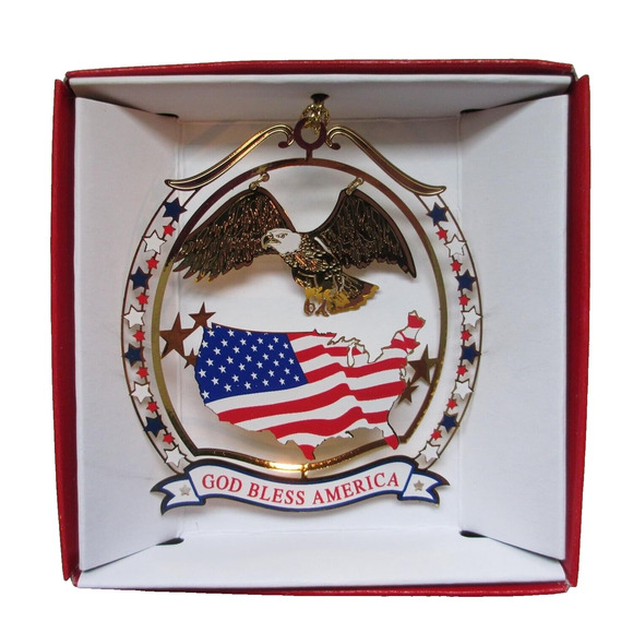 God Bless America Ornament Colored Brass Patriotic USA Flag Eagle Red White Blue - Picture 1 of 6